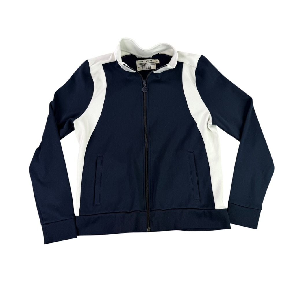 Tory Sport by Tory Burch Colorblock Track Jacket Womens L Navy White Zip Tennis